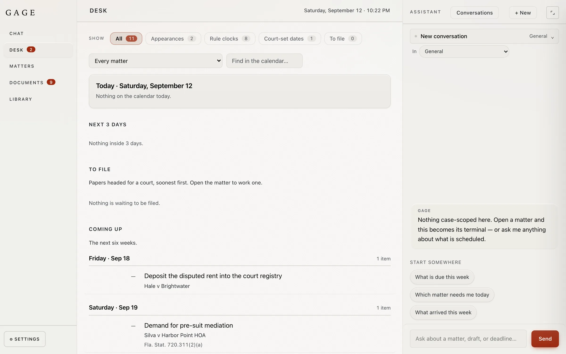 The desk view listing upcoming dates across every matter.