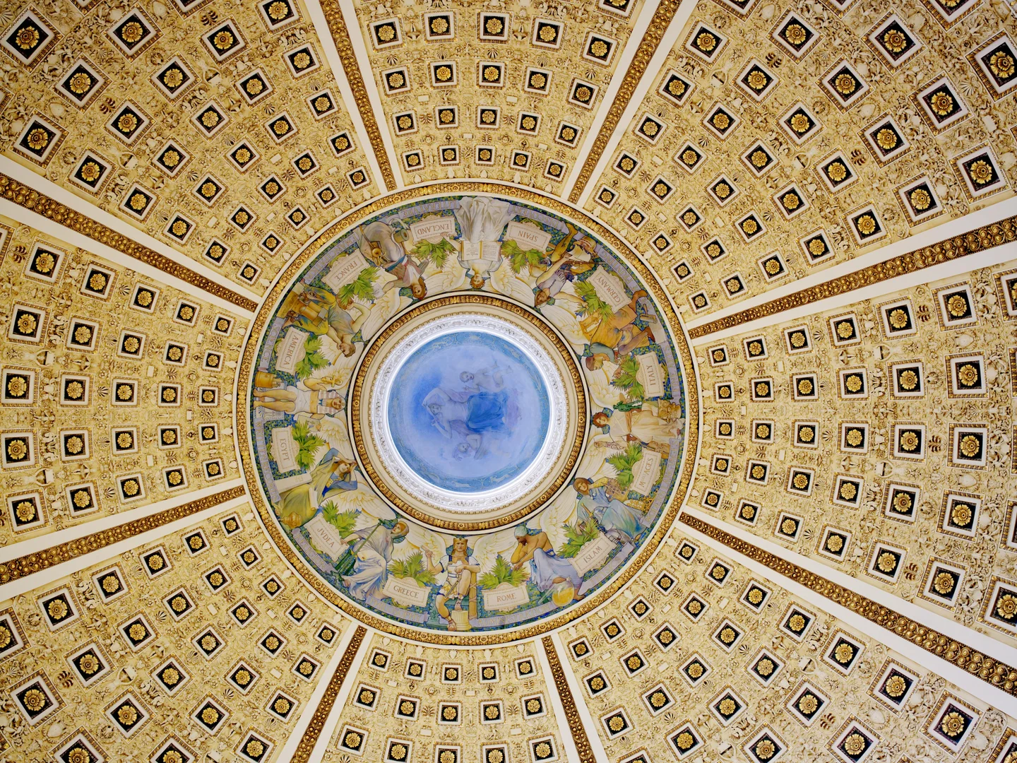 The coffered dome of the Main Reading Room, seen from below.