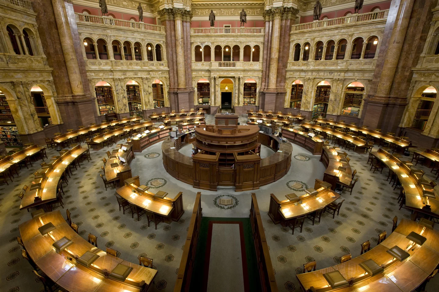 The Main Reading Room from above, its desks in rings beneath the dome.