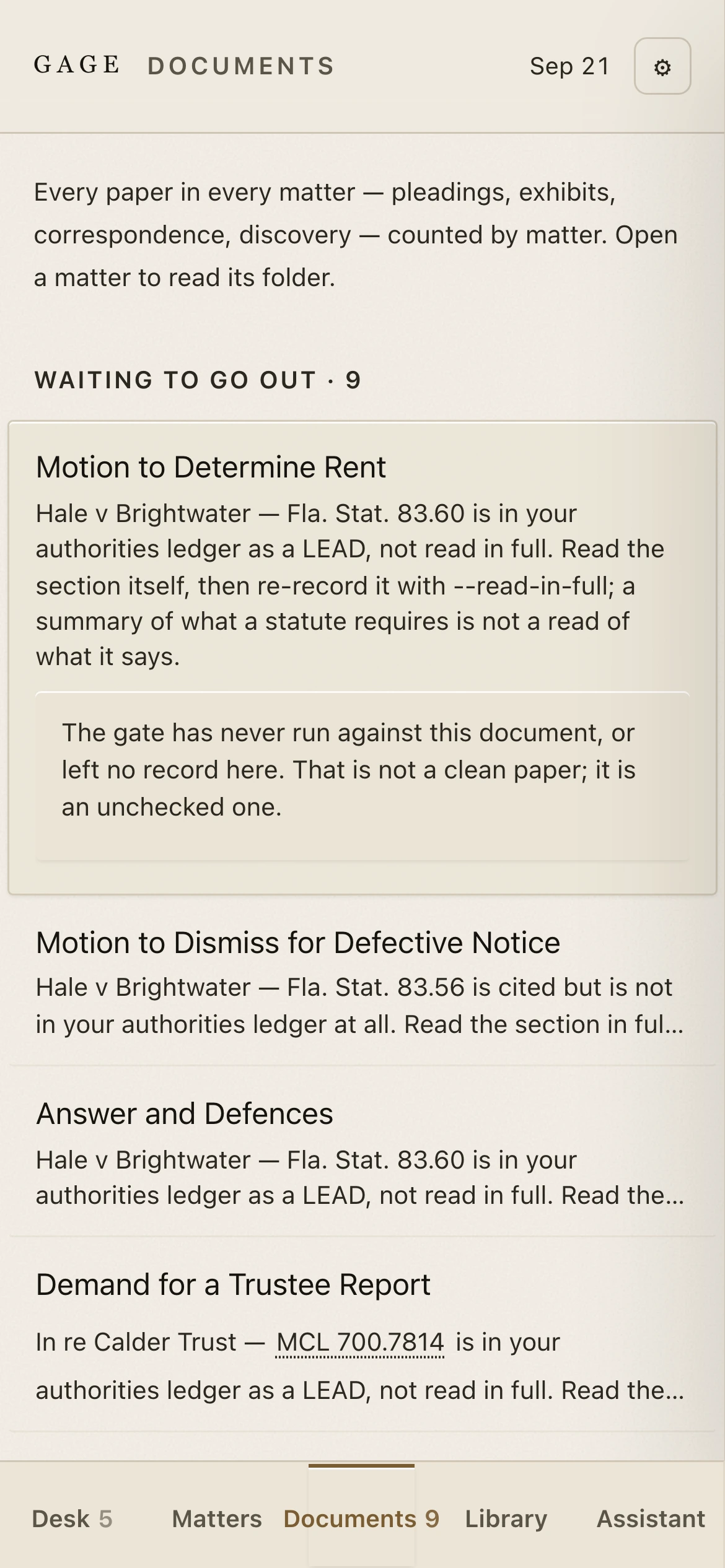 The same documents view on a phone, with the reason a paper is not ready.
